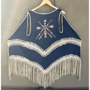 Umgee Navy Blue Embroidered Fringe Vest Sleeveless Boho‎ Festival Duster Small